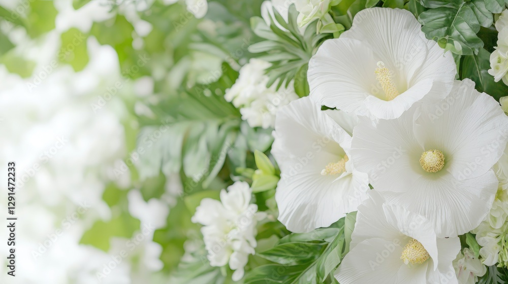 White flowers wedding backdrop, green leaves, bright background, romantic event White flowers wedding backdrop, green leaves, bright background, romantic event