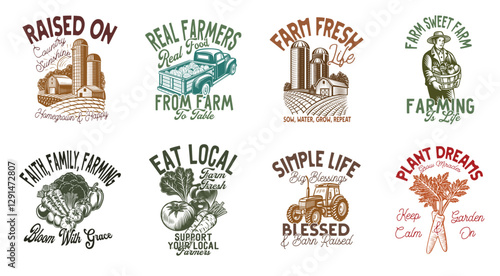 Vintage farming vector set.  Cultivation graphic t-shirt design for print, Agriculture illustration bundle