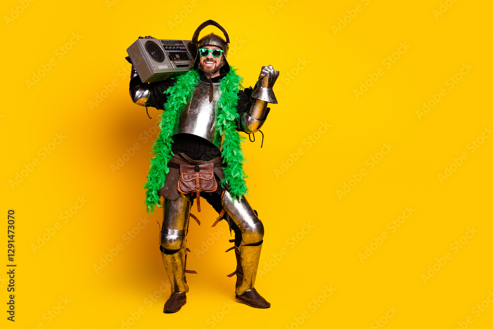 Stylish knight in full armor exudes modern humor with a boombox, green scarf and vibrant yellow background Stylish knight in full armor exudes modern humor with a boombox, green scarf and vibrant yellow background