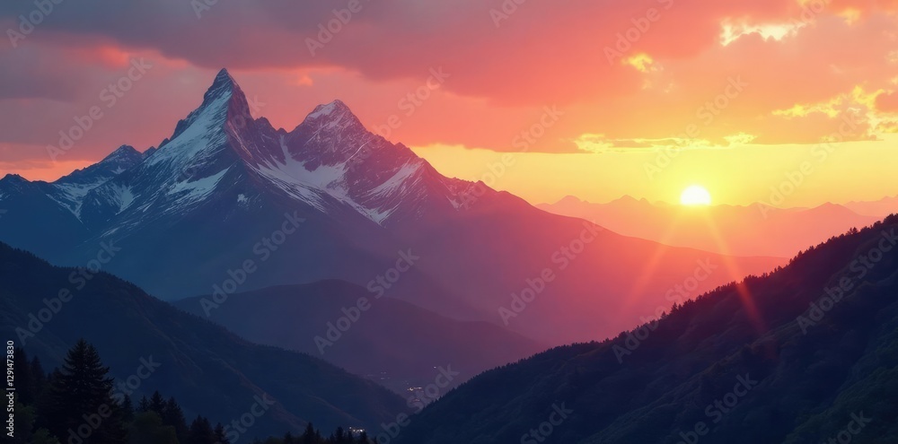 Obraz premium Warm hues of sunset fade behind mountain peaks, natural light, scenery, earth tones