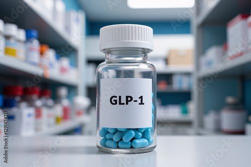 GLP 1 Medication Blue Pills in Glass Jar on Pharmacy Shelf