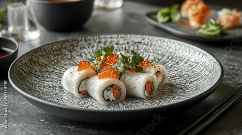 Elegant sushi rolls on textured plate, restaurant setting, with background of other dishes photo