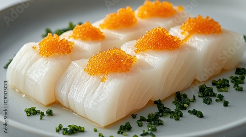 Elegant white fish fillets topped with orange caviar on a plate, restaurant setting photo