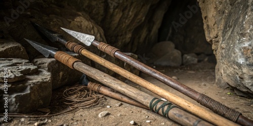 Obraz na płótnie Ancient hunting spears resting against cave wall in a rocky environment during daylight hours w salonie