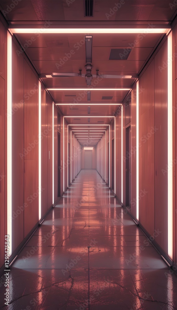 Futuristic Neon Lit long hallway with Reflections Futuristic Neon Lit long hallway with Reflections