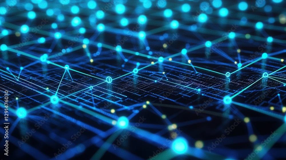 Abstract network of glowing blue and green dots connected by lines, representing data flow and interconnectivity. Ideal for tech, networking, science visuals. Abstract network of glowing blue and green dots connected by lines, representing data flow and interconnectivity. Ideal for tech, networking, science visuals.