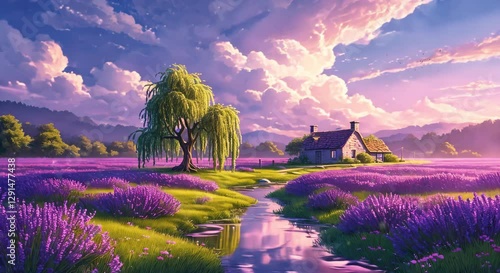 Magical Countryside Scene with a Lone Tree and a Small House, looping 4k time-lapse virtual video animation Generated AI. Anime Style.