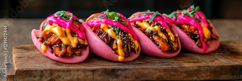 Vibrant Pink Bao Buns Filled with Teriyaki Jackfruit Delight photo