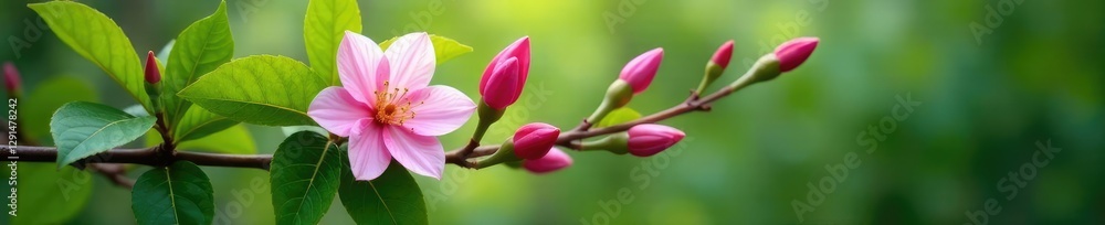 Obraz premium Soft pink petals unfurl on a branch amidst lush green leaves, foliage, greenery, blossoming