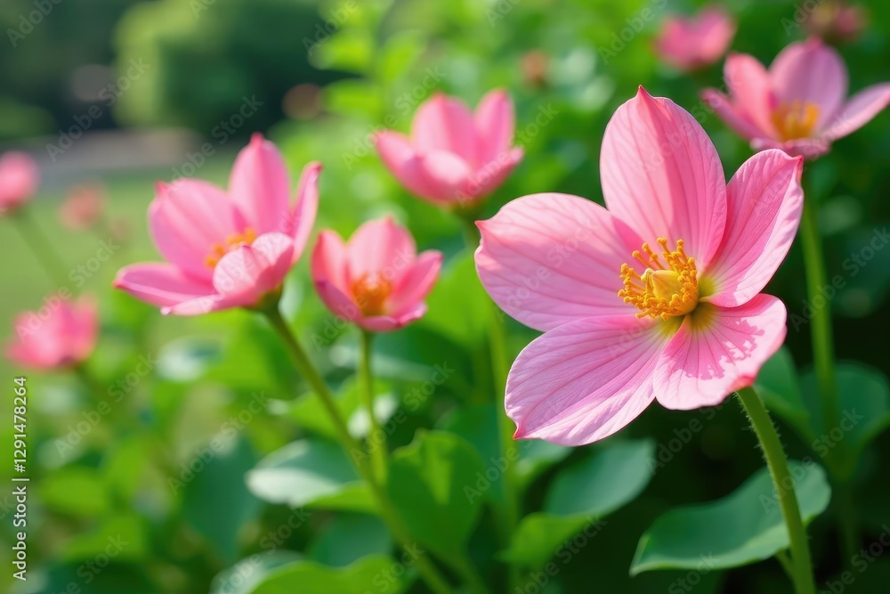 Soft pink petals unfolding on lush green stems, blooming flowers, nature scenery Soft pink petals unfolding on lush green stems, blooming flowers, nature scenery