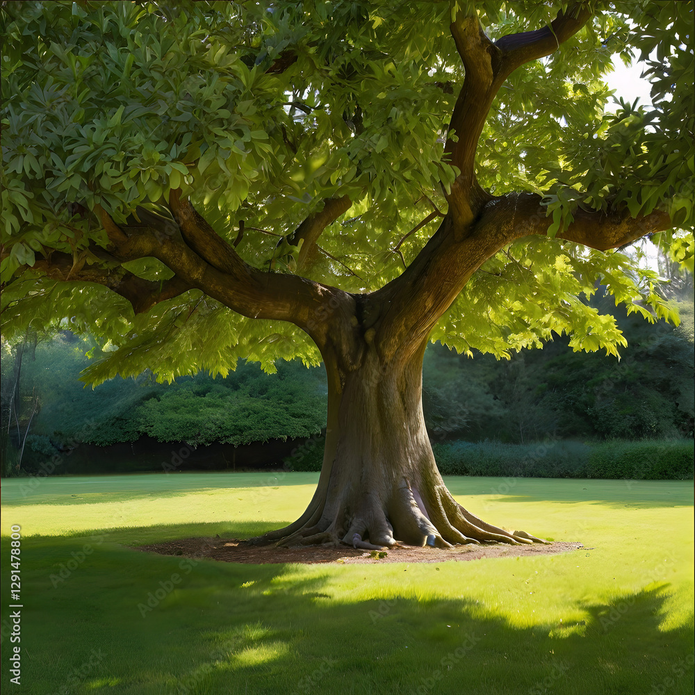 Naklejka premium Tree garden park with sky background, realistic tree with green leaf stand alone with beautiful light in day time