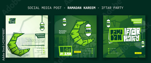 Set of social media post with lantern and crescent moon in cartoon design for ramadan iftar party