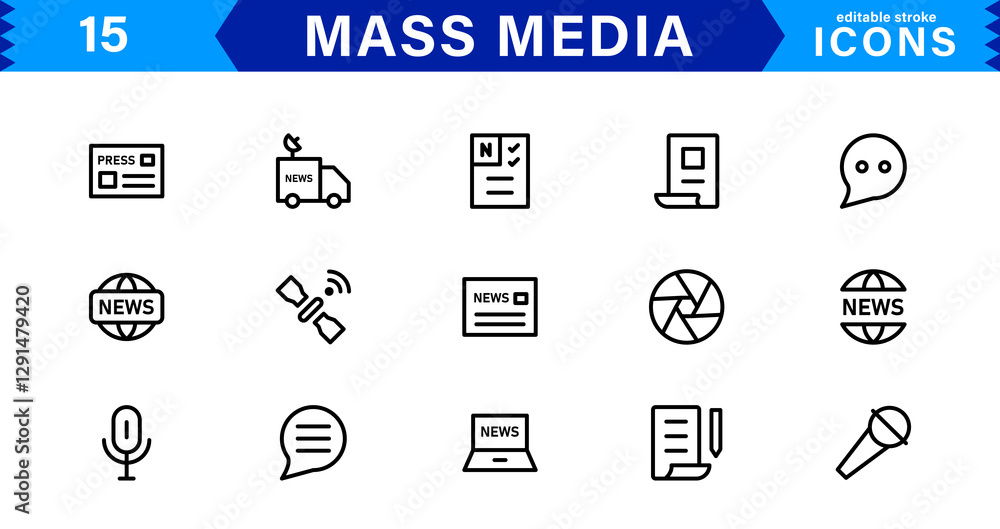 Fototapeta premium Mass Media Icon Set. High-Quality Vector Icons for Journalism, Broadcasting, Digital Media, and Communication Designs