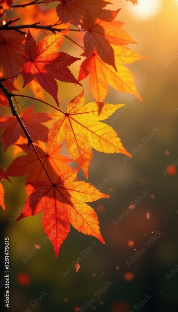 Vibrant autumn leaves sway gently on branches, sunlight filtering through , orange, fall foliage Vibrant autumn leaves sway gently on branches, sunlight filtering through , orange, fall foliage