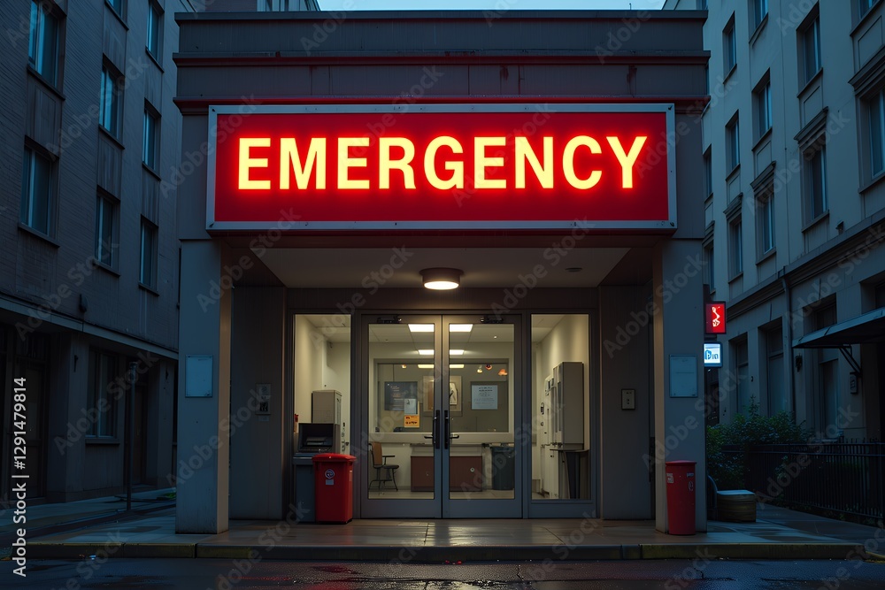 Obraz premium Illuminated Emergency Room Entrance at Night Hospital Building Exterior