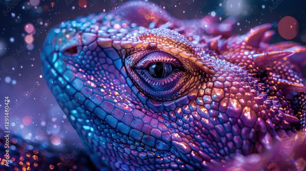 Naklejka premium Close-up of a vibrant lizard with iridescent scales, set against a dreamy, blurred background with bokeh