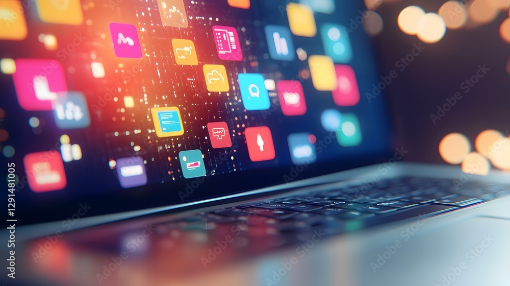 A digital illustration of cloud computing with icons and data, on top of an open laptop computer screen The background is blurred to emphasize the iconography, featuring symbols,
A digital illustration of cloud computing with icons and data, on top of an open laptop computer screen The background is blurred to emphasize the iconography, featuring symbols,