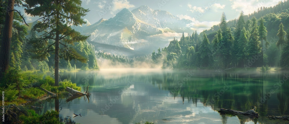 Naklejka premium Morning view of a lake in the mountains with fog, perfect for designing nature promotional materials, creating backgrounds for meditation apps and illustrations for travel articles.