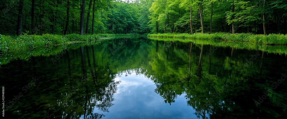 Calm forest lake reflecting trees, tranquil nature scene, ideal for relaxation and serenity Calm forest lake reflecting trees, tranquil nature scene, ideal for relaxation and serenity
