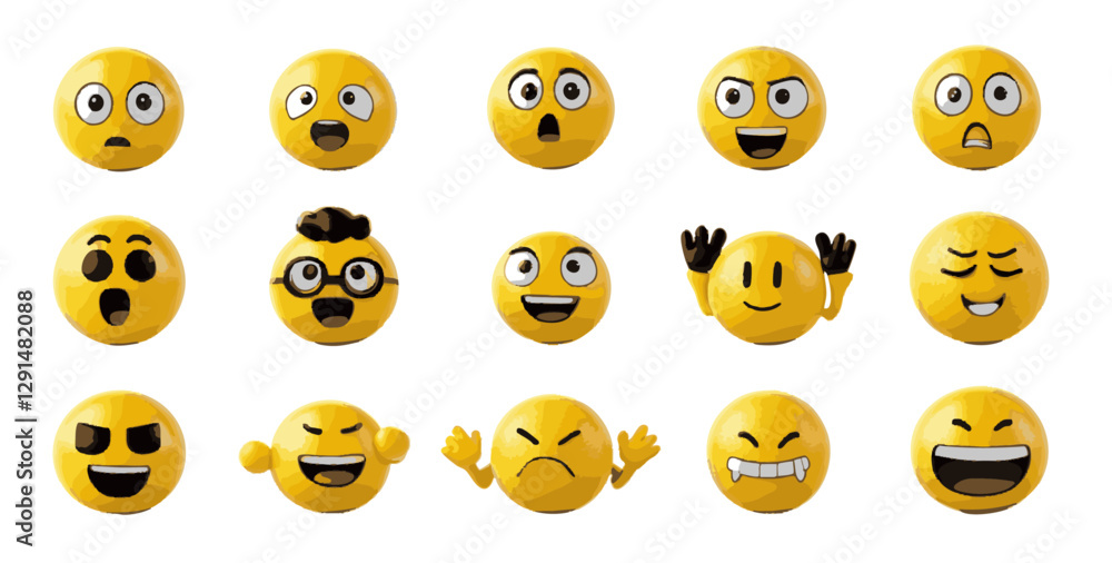 A collection of expressive 3D cartoon emoji icons, each with unique facial expressions A collection of expressive 3D cartoon emoji icons, each with unique facial expressions