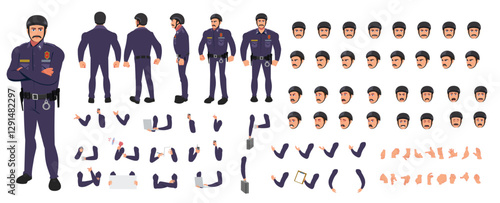 
Police Officer Character Design Model Sheet. Man, Character design. Front, side, back view and explainer animation poses. Character set with lip sync and Walk cycle animation sequences.
