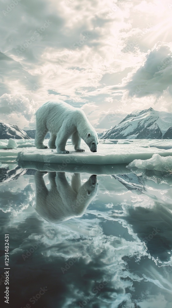 Fototapeta premium The artistic depiction of a polar bear on an ice floe reflecting in the water symbolizes the fragility of nature and climate change, useful for environmental and conservation projects.