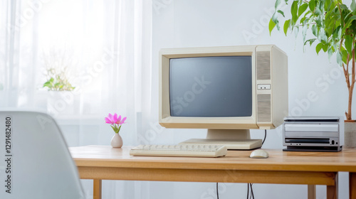 Wallpaper Mural Vintage Computer Workstation: Retro Home Office Setup with Minimalist Decor and Pastel Aesthetics Torontodigital.ca