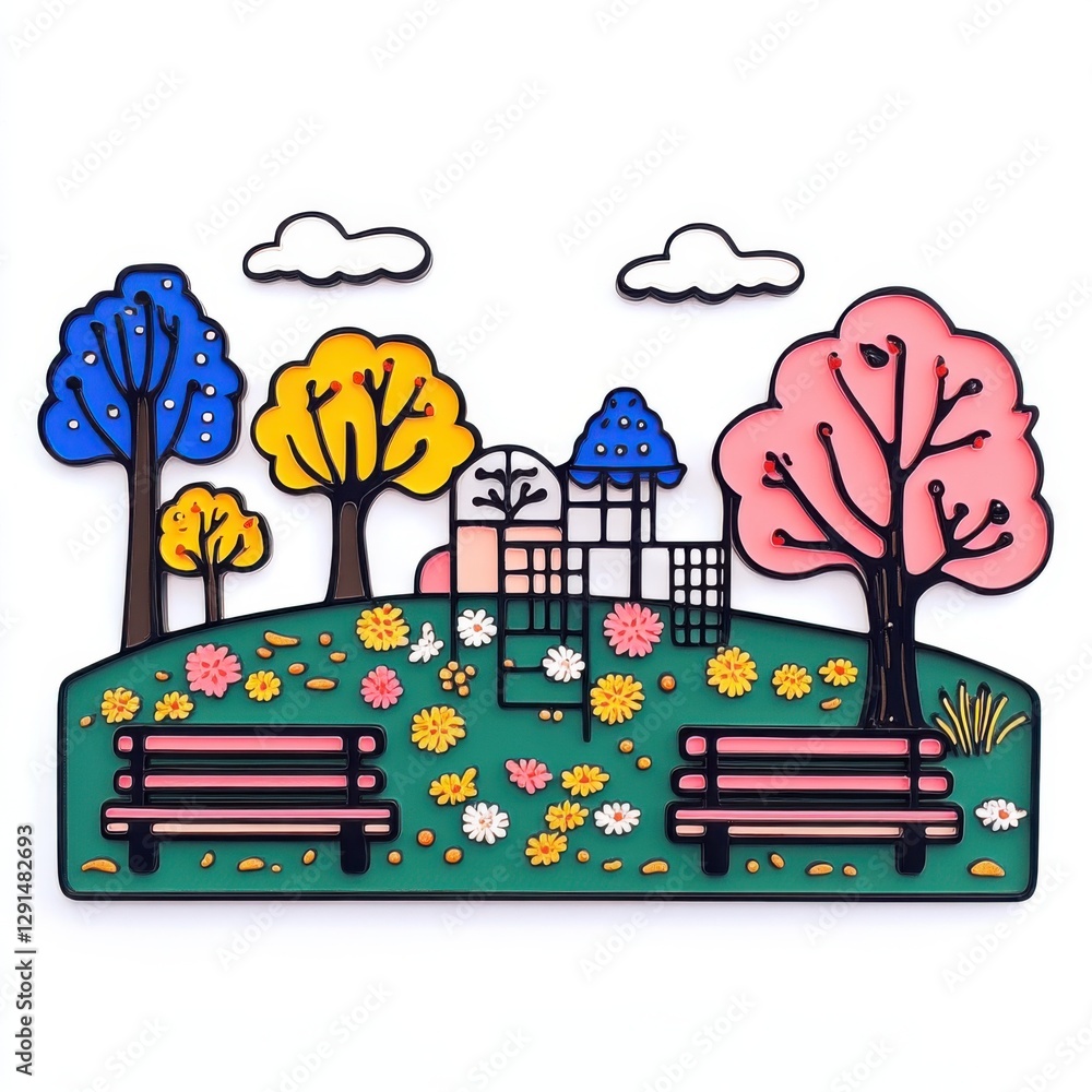Naklejka premium Colorful illustration of a serene park scene with trees, flowers, and benches on a bright decorative landscape