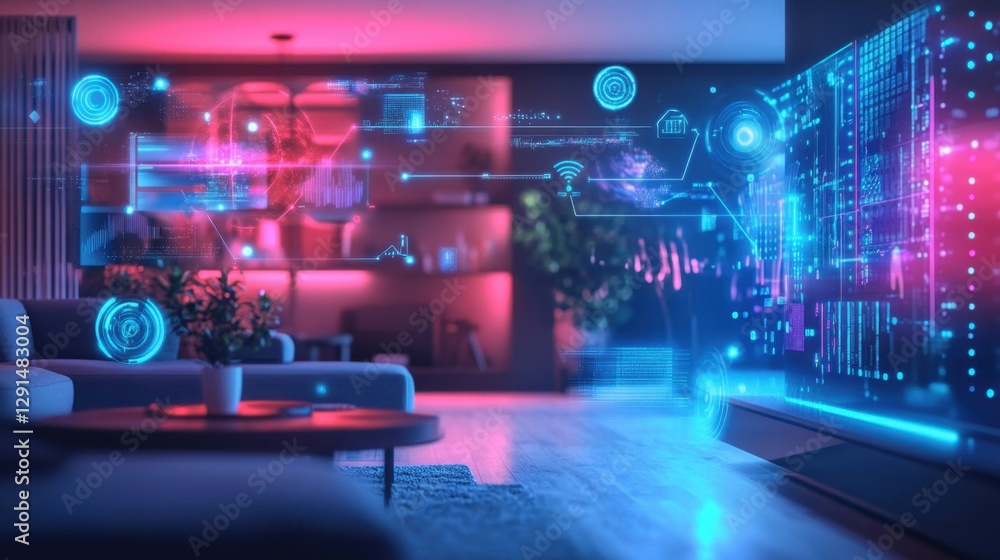 AI-powered virtual assistants, futuristic digital connection, holographic smart home automation, AI-powered virtual assistants, futuristic digital connection, holographic smart home automation,