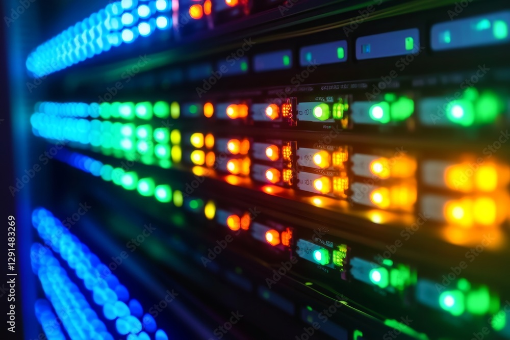 Close up view of a modern data center with colorful led servers creating a futuristic atmosphere Close up view of a modern data center with colorful led servers creating a futuristic atmosphere