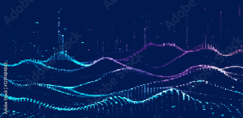 Vector illustration depicting a flowing wave pattern of blue dots against a dark background. It evokes fluid motion and digital aesthetics, blending technology and art in a harmonious design.