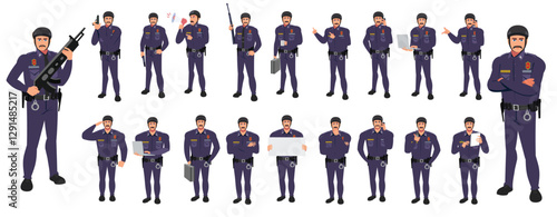 
Police Officer Character Design Model Sheet. Man, Character design. Front, side, back view and explainer animation poses. Character set with lip sync and Walk cycle animation sequences.
