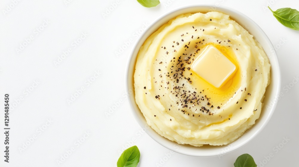 Creamy Mashed Potatoes with Butter and Herbs on White Background Creamy Mashed Potatoes with Butter and Herbs on White Background