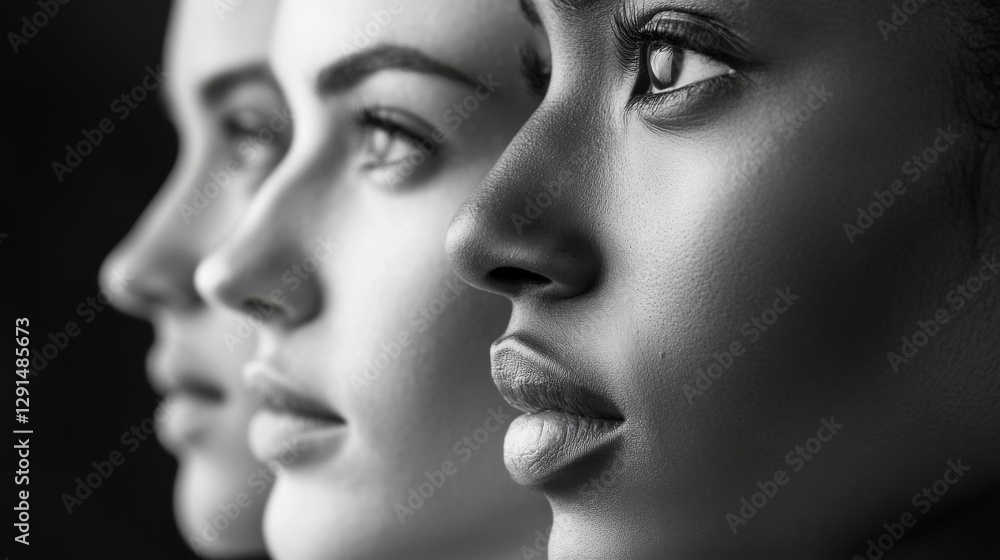 Profile view of three diverse women showcasing beauty and expression in a monochrome setting Profile view of three diverse women showcasing beauty and expression in a monochrome setting