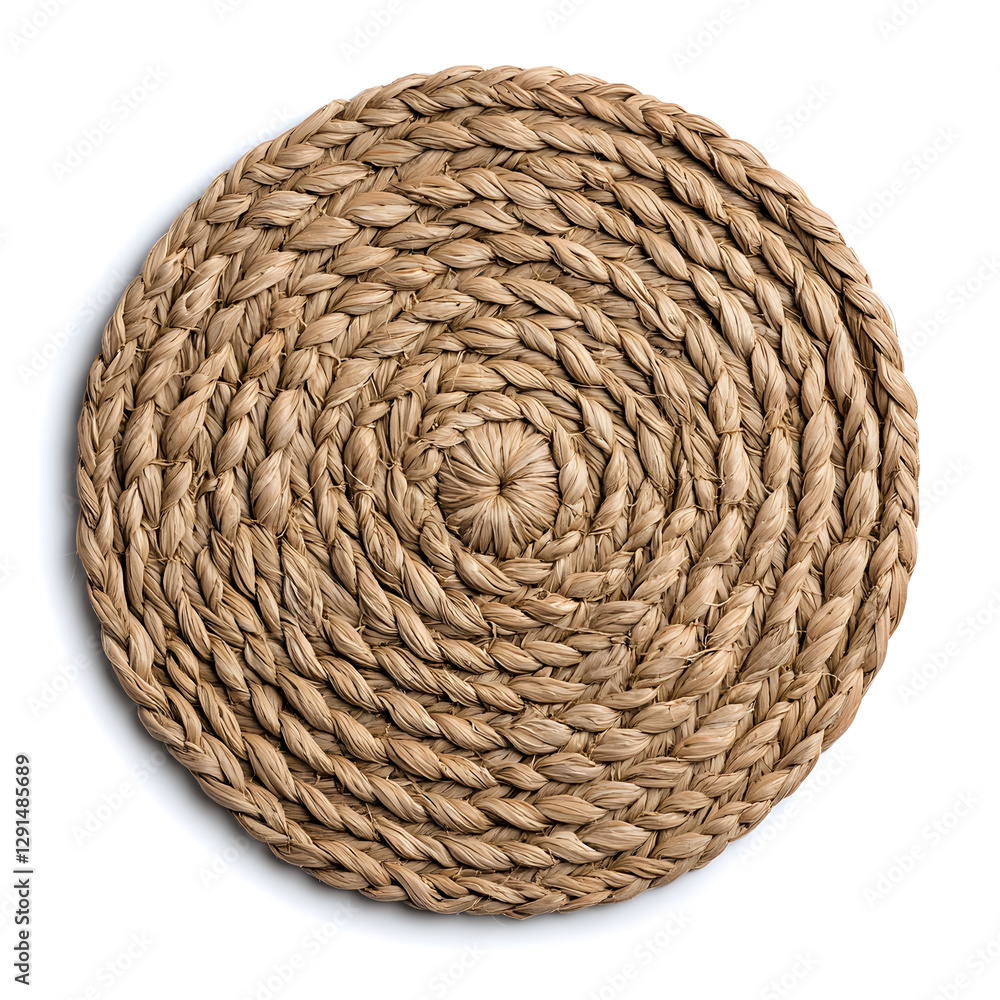 Obraz premium Round woven rattan placemat with a spiral pattern the placemat is a light brown color isolated on white