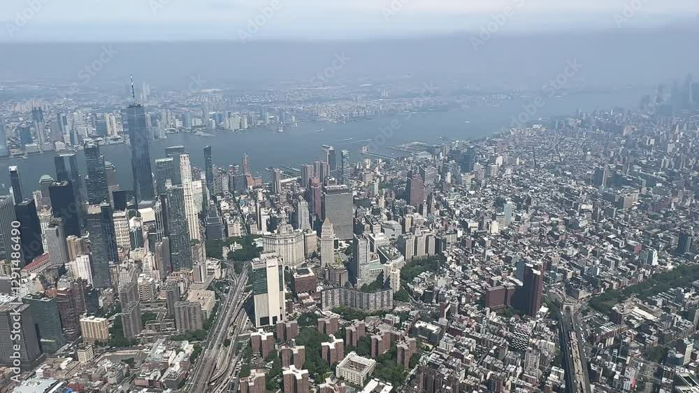 High View of Manhattan Skyscrapers and Cityscape from a helicopter in New York High View of Manhattan Skyscrapers and Cityscape from a helicopter in New York