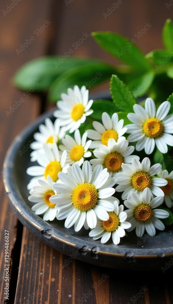 Obraz premium Chamomile flowers on a stone plate with rustic wooden background, botanical, earthy