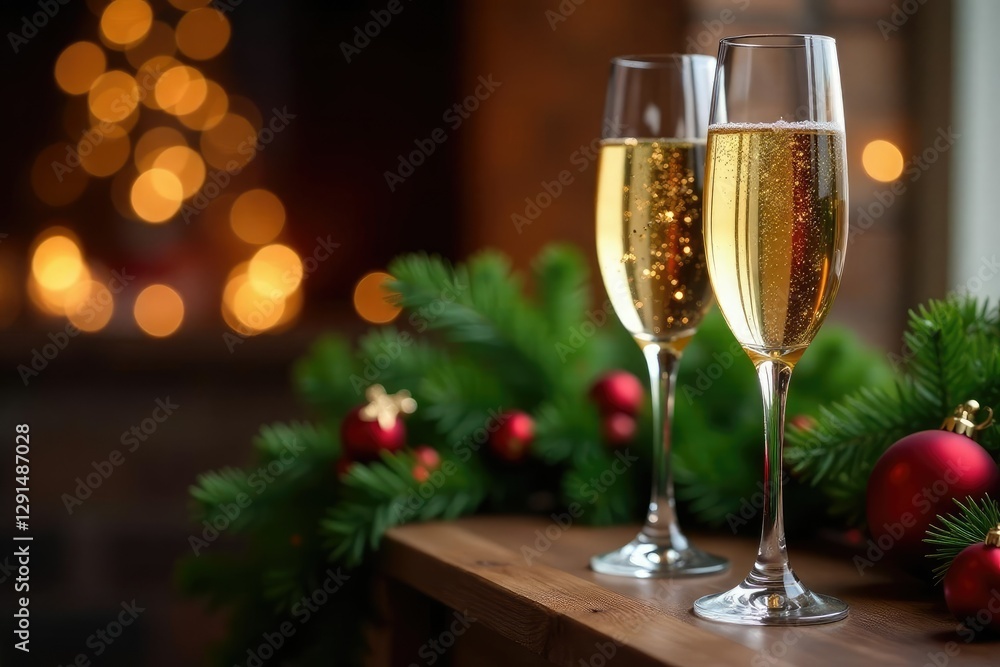 champagne flutes on a wooden mantle with garland, flutes, festive champagne flutes on a wooden mantle with garland, flutes, festive