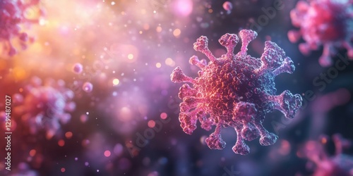 A 3D-rendered visualization of the measles virus structure, glowing particles, highly detailed, medical illustration