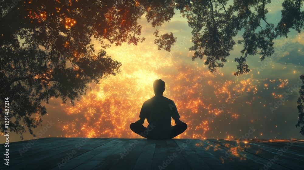 Serene meditation at sunset by a tranquil lake surrounded by lush trees and glowing reflections Serene meditation at sunset by a tranquil lake surrounded by lush trees and glowing reflections