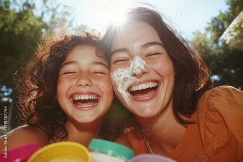 Joyful moment shared between mother and daughter, bright sunligh
