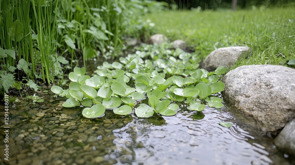 Water Plants in a Small Creek, Peaceful Natural Setting, Garden Scene, Ideal for Nature Photography Water Plants in a Small Creek, Peaceful Natural Setting, Garden Scene, Ideal for Nature Photography