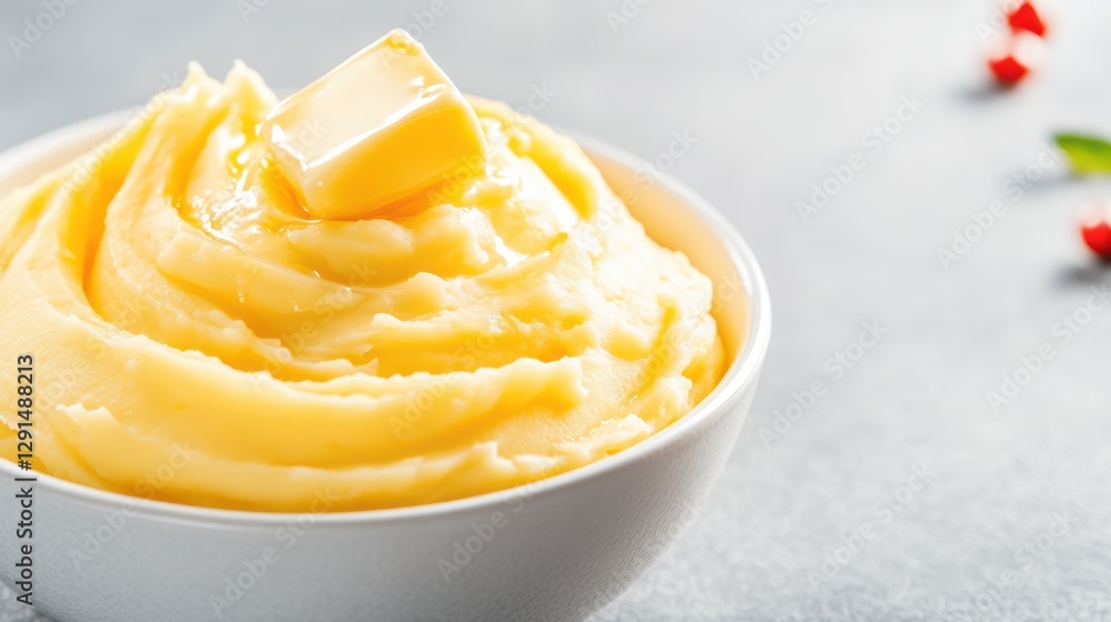Creamy Mashed Potatoes Topped with Butter in a White Bowl Creamy Mashed Potatoes Topped with Butter in a White Bowl