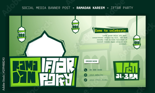 Ramadan kareem. Banner post template with lantern and typography design for ramadan iftar party