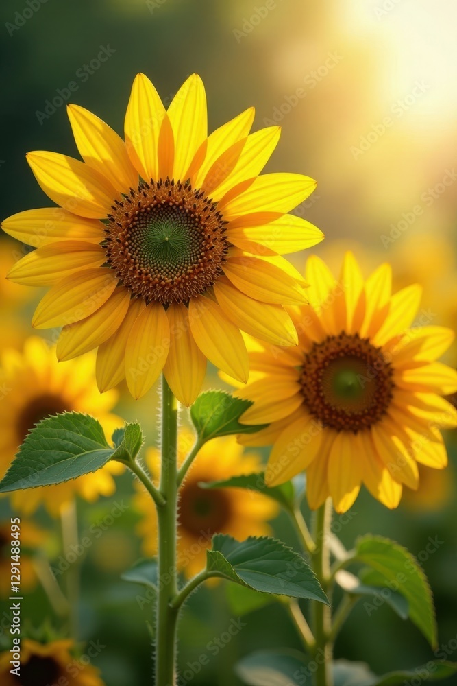 Close-up of multi-hued sunflowers in a sunlit meadow, texture, field Close-up of multi-hued sunflowers in a sunlit meadow, texture, field