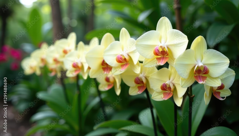 Dense row of mature vanilla orchids in a lush tropical garden, plant, garden, orchid Dense row of mature vanilla orchids in a lush tropical garden, plant, garden, orchid