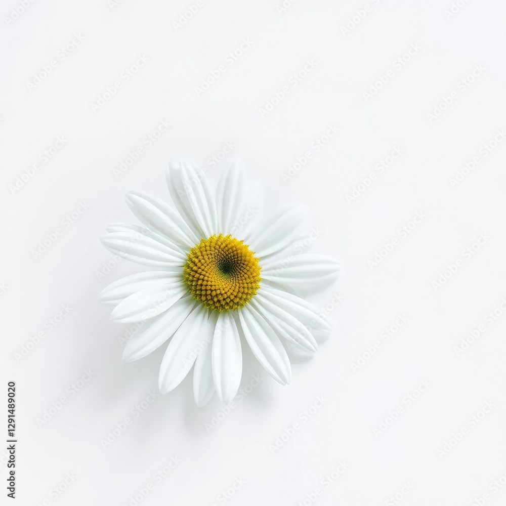 Fototapeta premium A single white Marguerite with bud on a white background with subtle texture, daisy, simple, flower