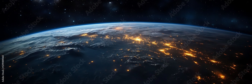 Obraz premium A stunning panoramic view of Earth from space, showcasing glowing lights on the surface and a starry sky in the background, highlighting the planet's beauty and vastness.