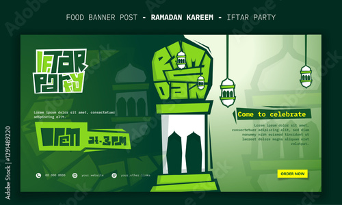 Banner template with lantern and cartoon typography in green background. ramadan iftar party design