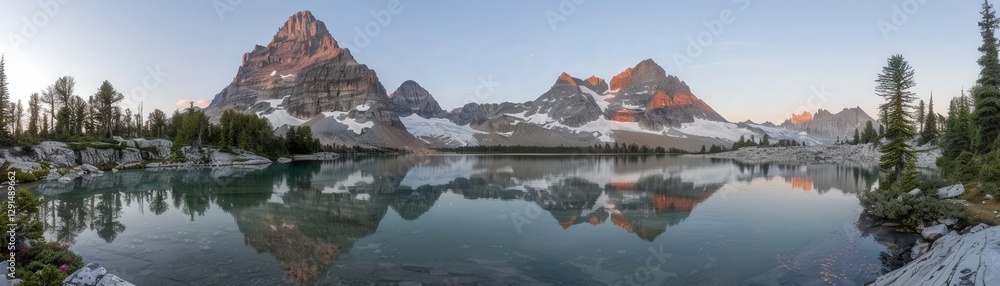 Naklejka premium A serene mountain landscape reflecting in calm waters, showcasing majestic peaks and lush greenery under a clear sky.
